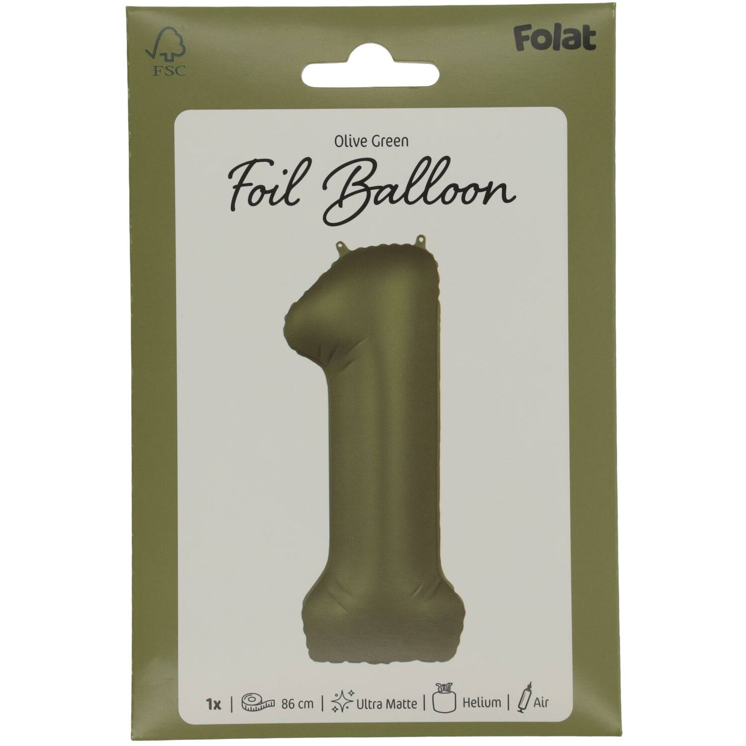 Foil balloon Number 1 - Olive Green - Ultra Matt - 86 cm
