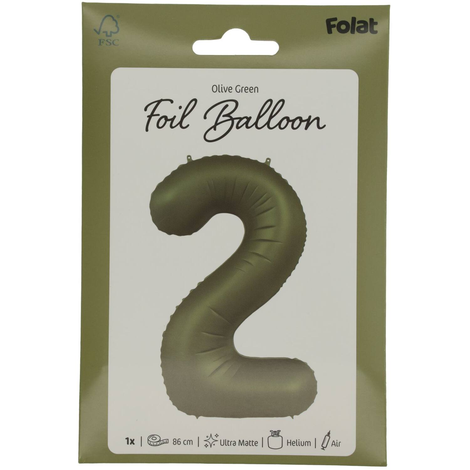 Foil balloon Number 2 - Olive Green - Ultra Matt - 86 cm