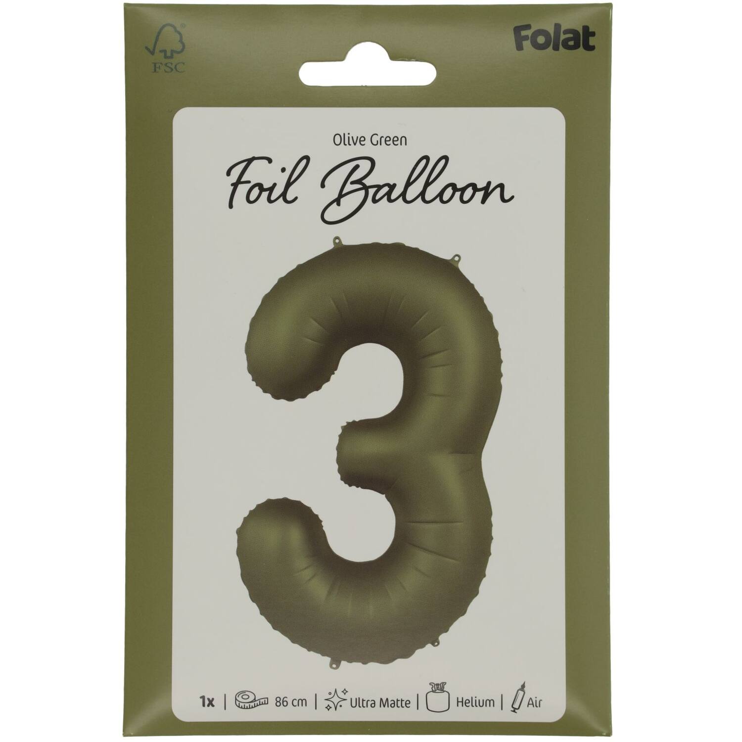 Foil balloon Number 3 - Olive Green - Ultra Matt - 86 cm
