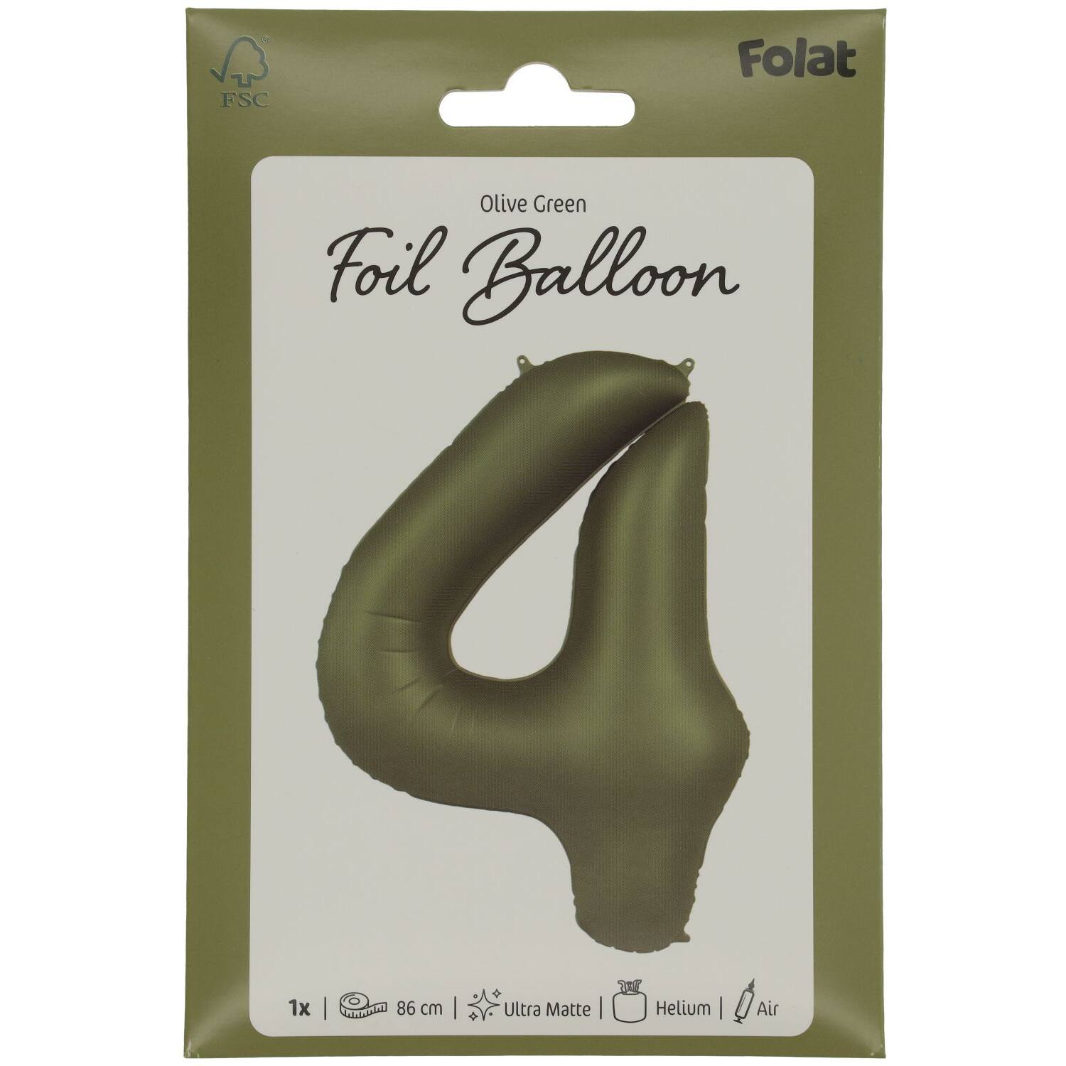 Foil balloon Number 4 - Olive Green - Ultra Matt - 86 cm