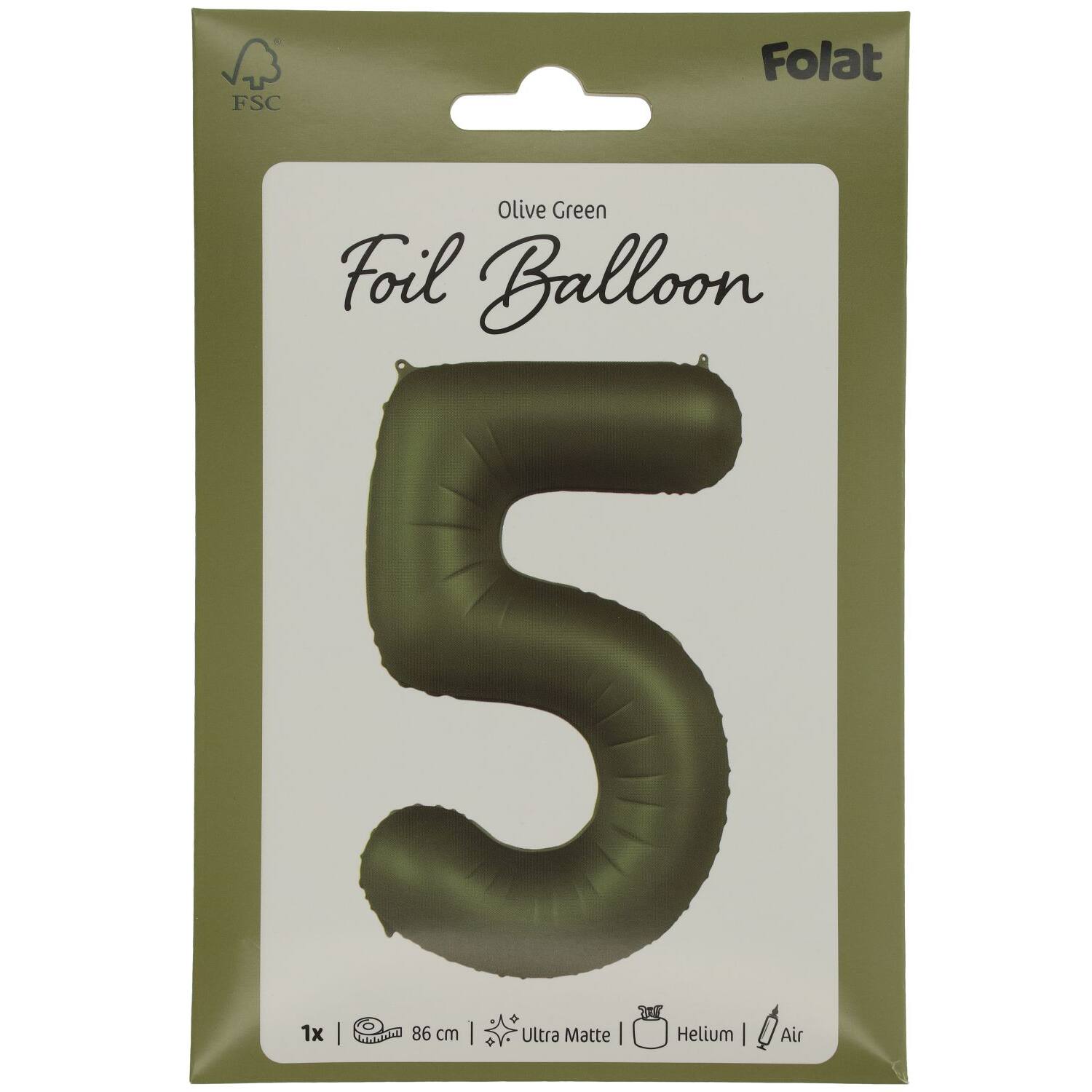 Foil balloon Number 5 - Olive Green - Ultra Matt - 86 cm