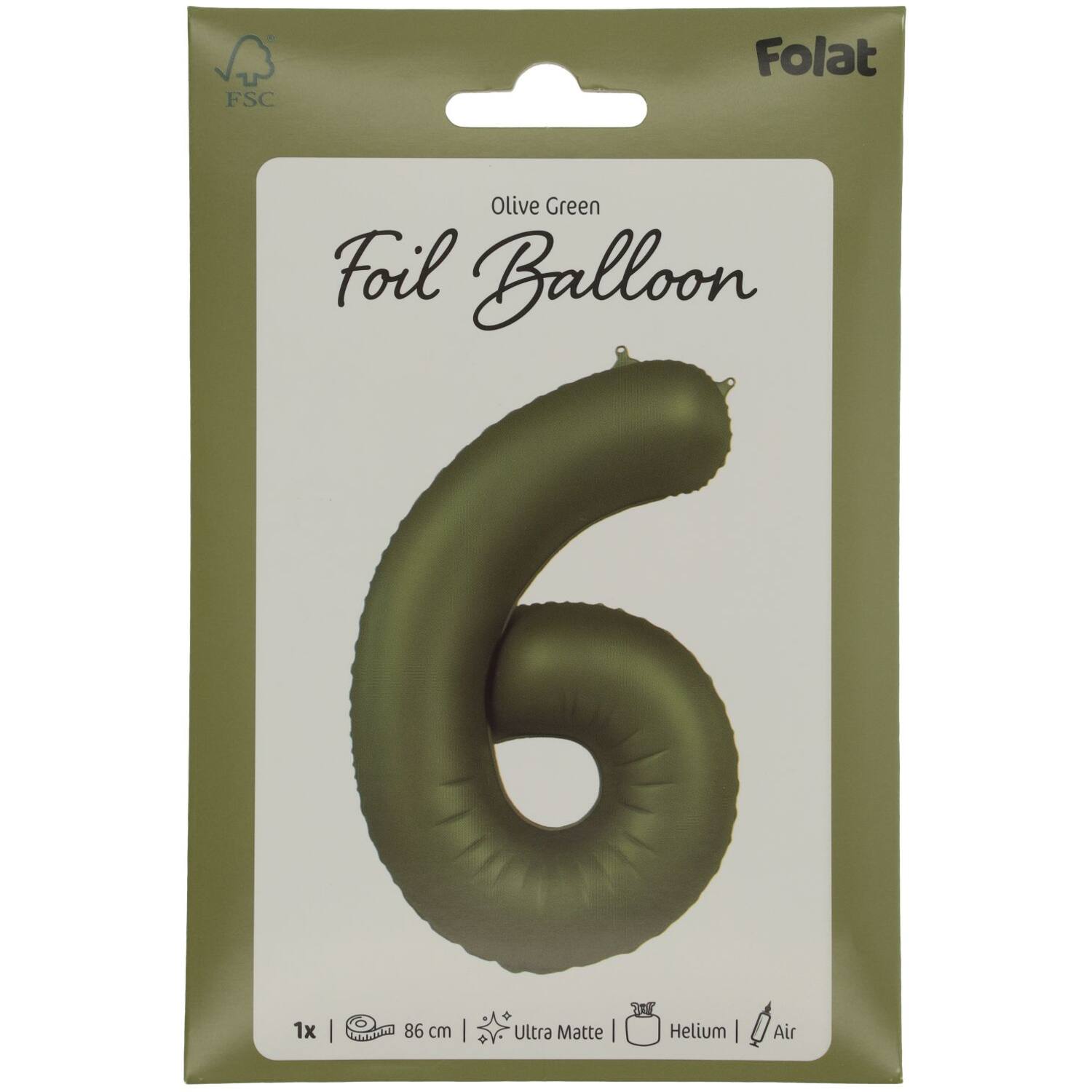 Foil balloon Number 6 - Olive Green - Ultra Matt - 86 cm