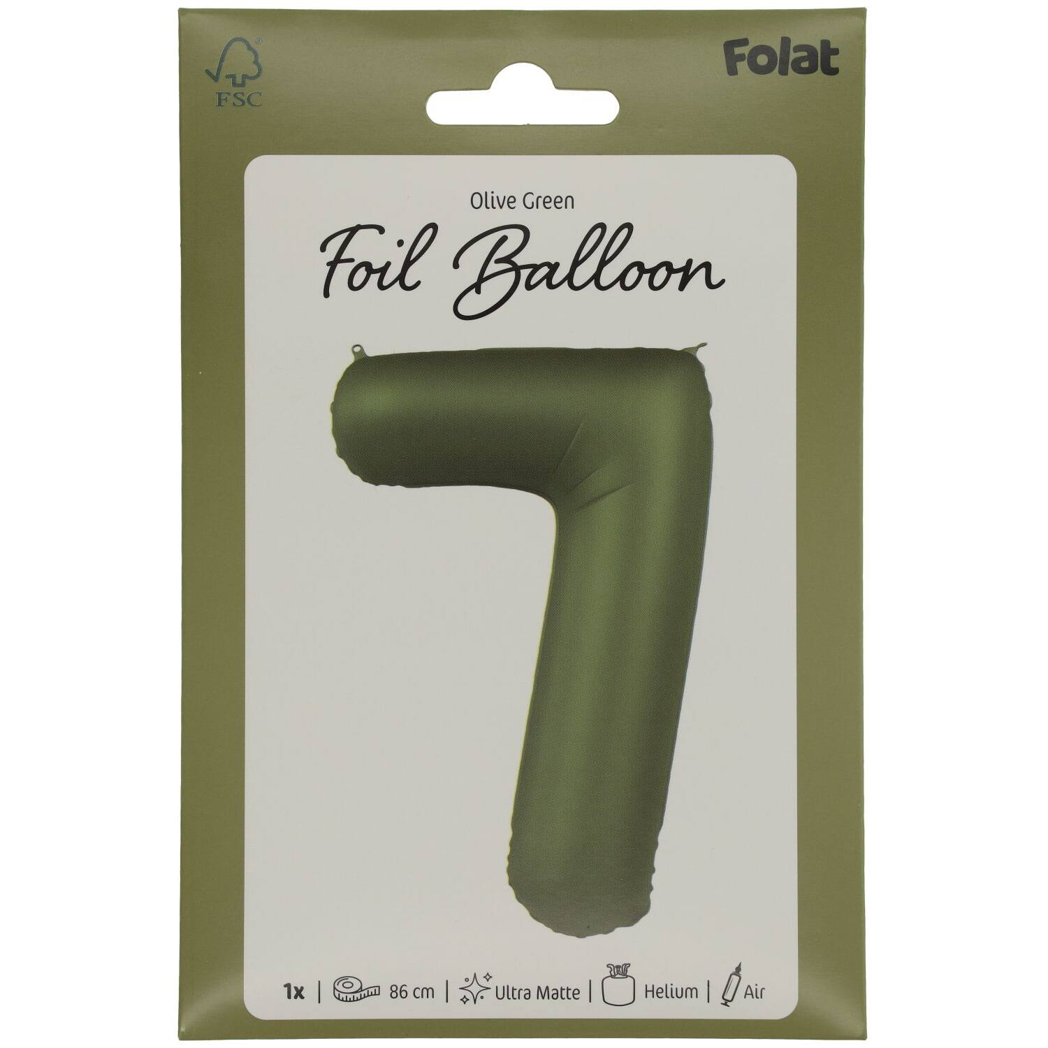 Foil balloon Number 7 - Olive Green - Ultra Matt - 86 cm