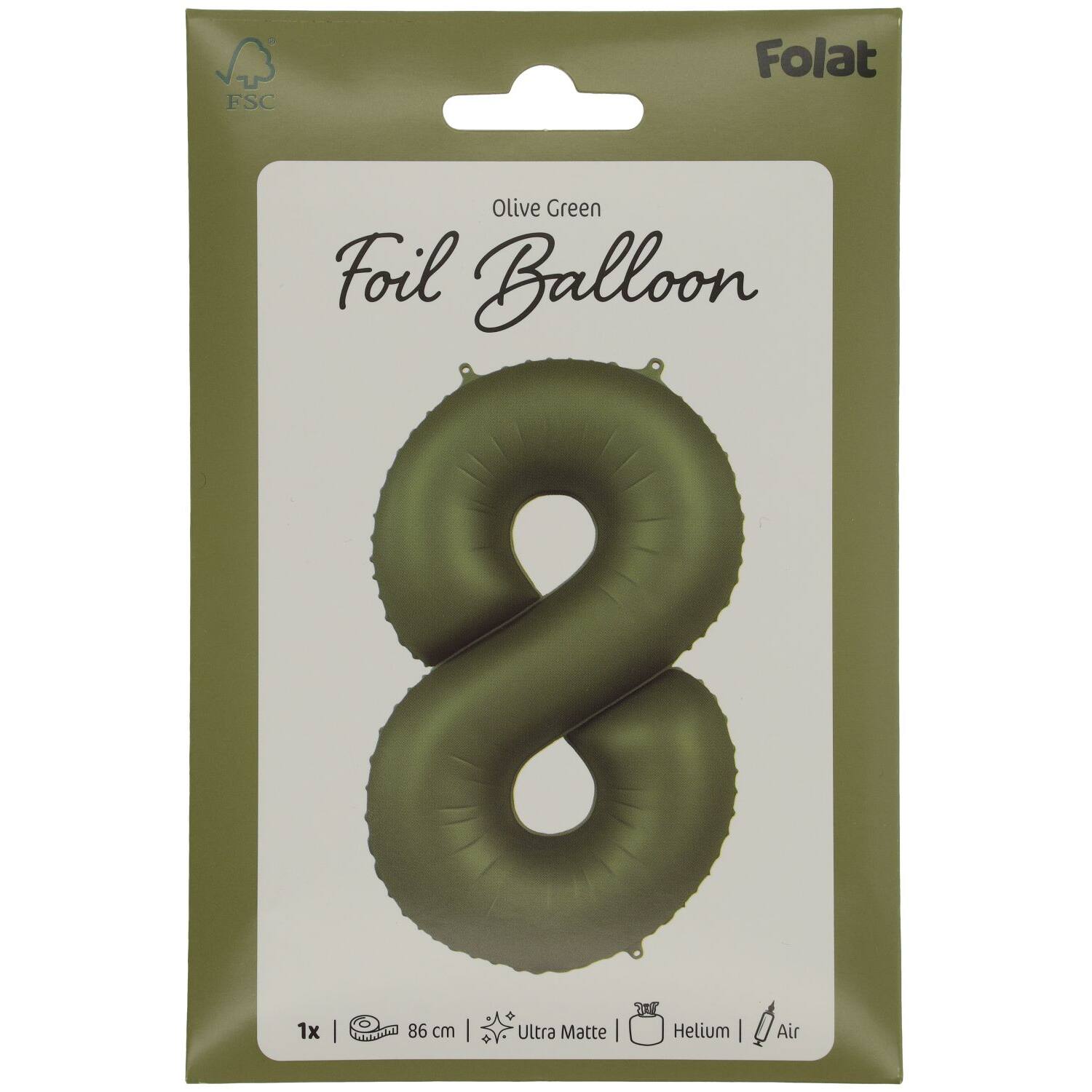 Foil balloon Number 8 - Olive Green - Ultra Matt - 86 cm