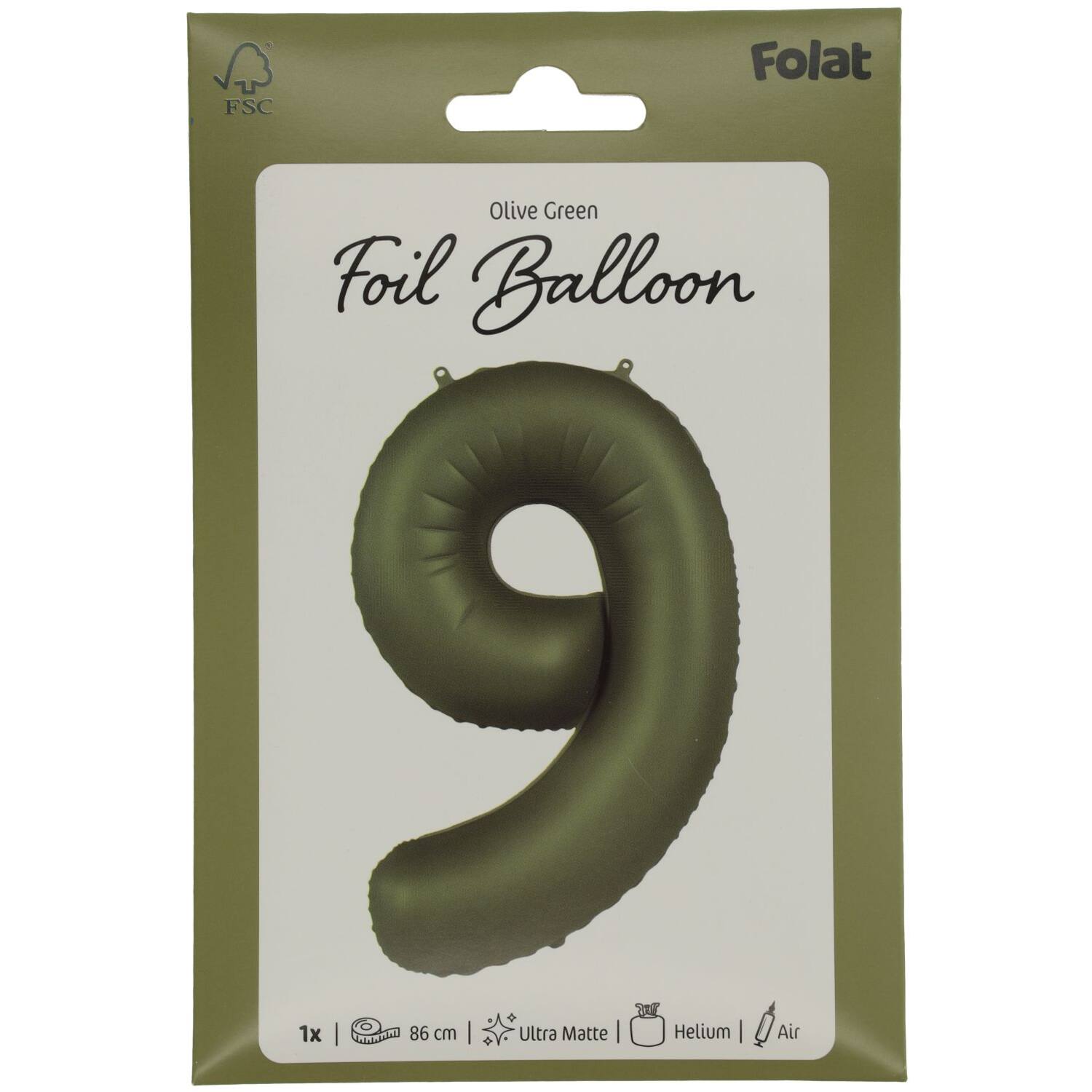Foil balloon Number 9 - Olive Green - Ultra Matt - 86 cm