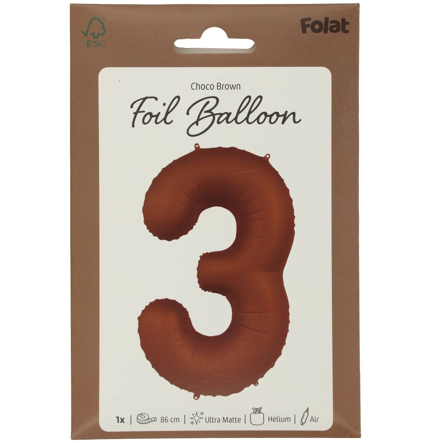 Foil balloon Number 3 - Chocolate Brown - Ultra Matt - 86 cm