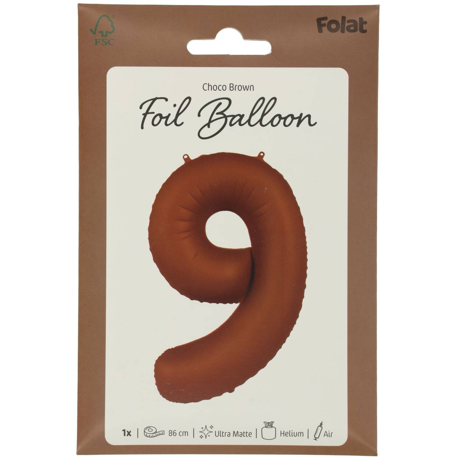 Foil balloon Number 9 - Chocolate Brown - Ultra Matt - 86 cm