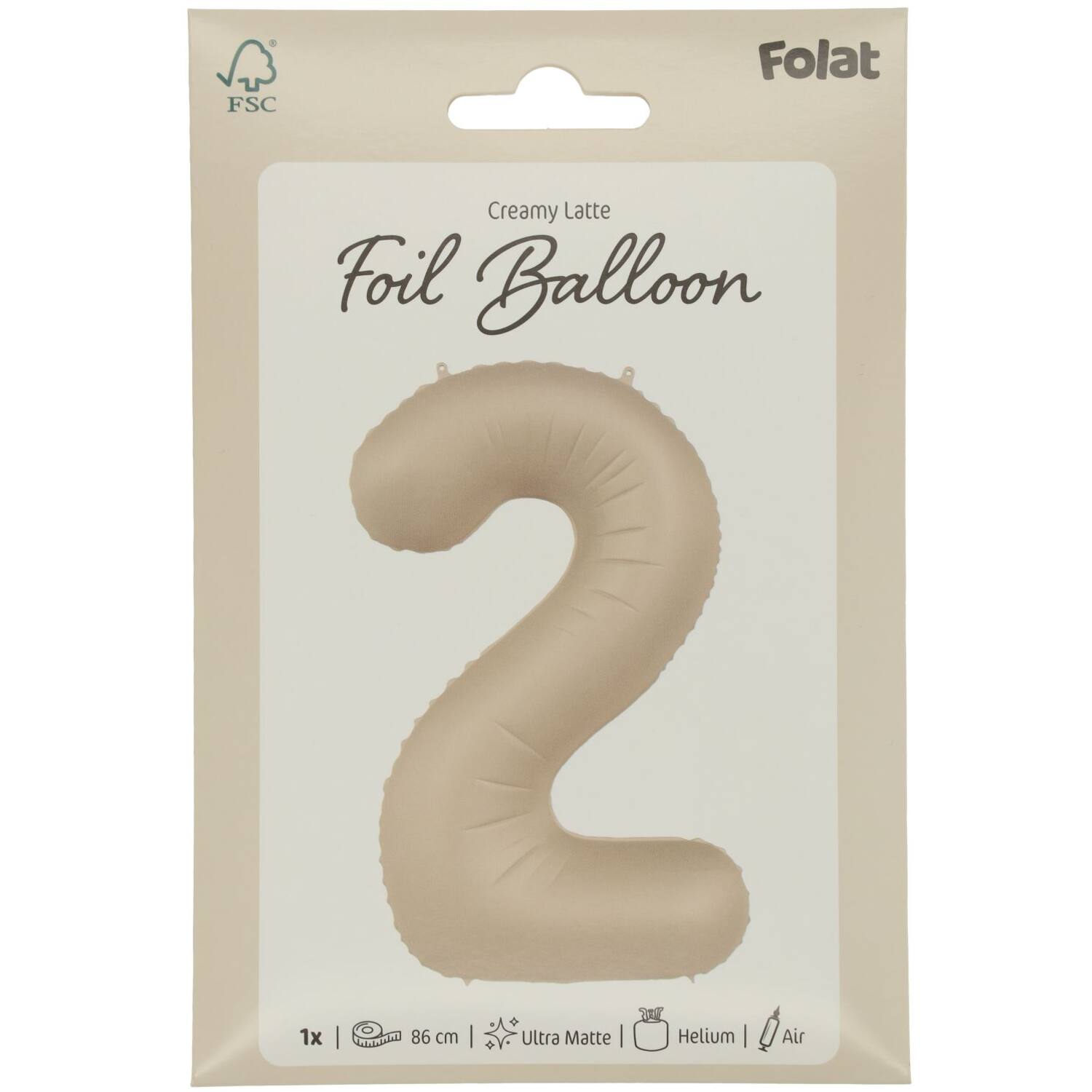 Foil balloon Number 2 - Creamy Latte - Ultra Matt - 86 cm