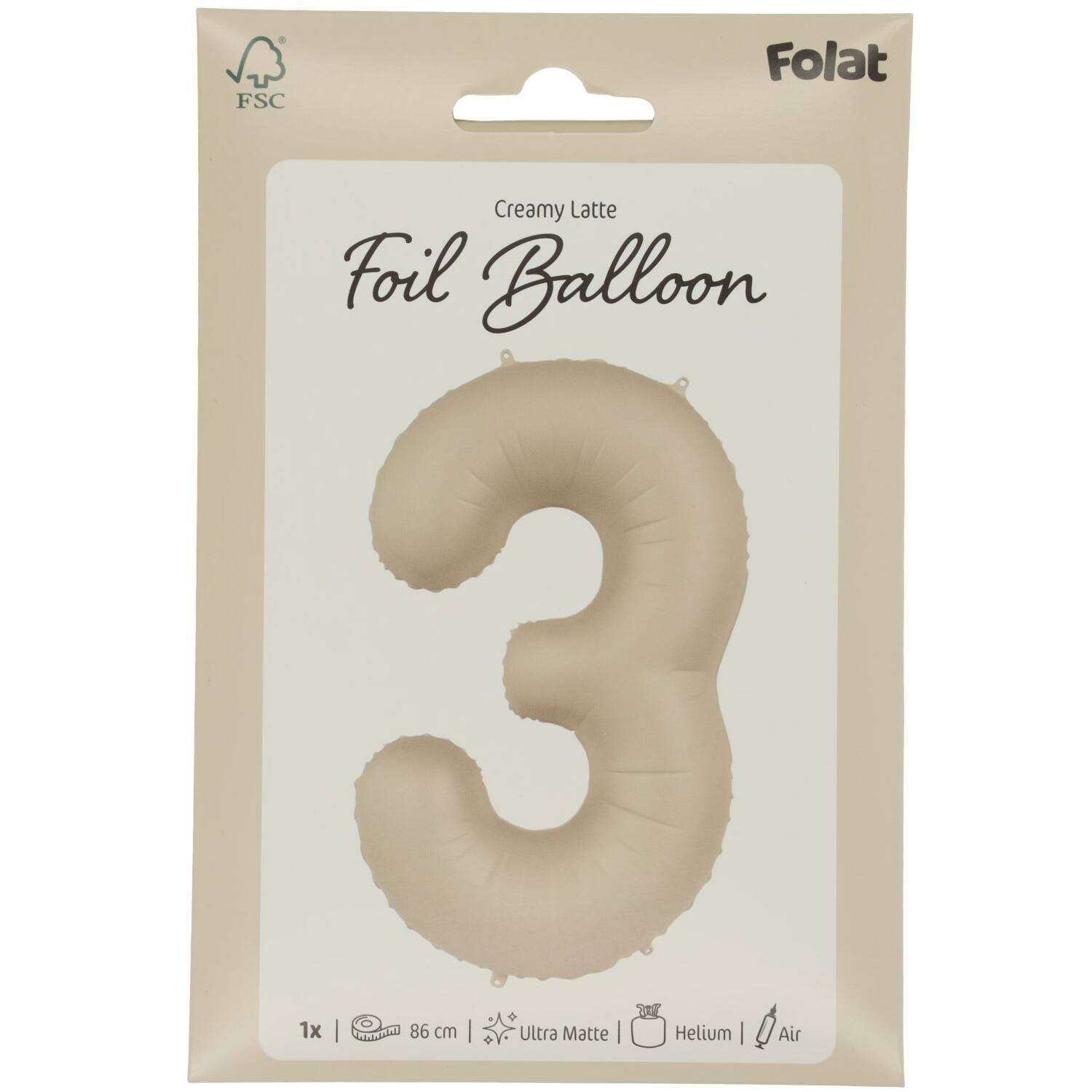 Foil balloon Number 3 - Creamy Latte - Ultra Matt - 86 cm