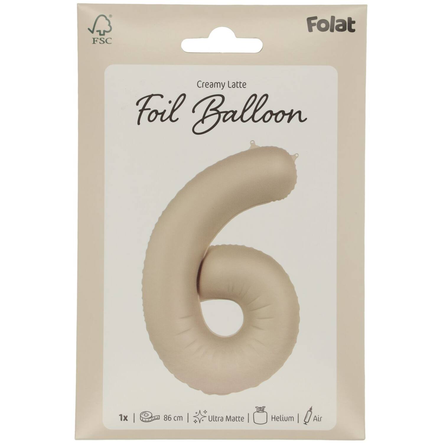 Foil balloon Number 6 - Creamy Latte - Ultra Matt - 86 cm