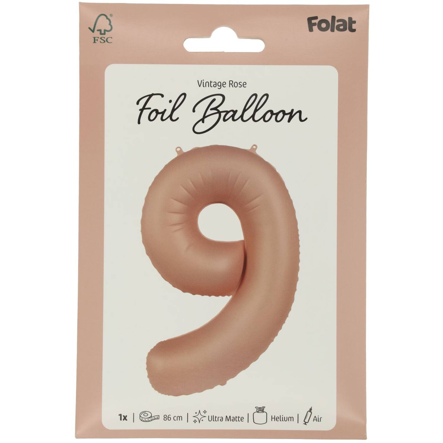 Foil balloon Number 9 - Vintage Rose - Ultra Matt - 86 cm