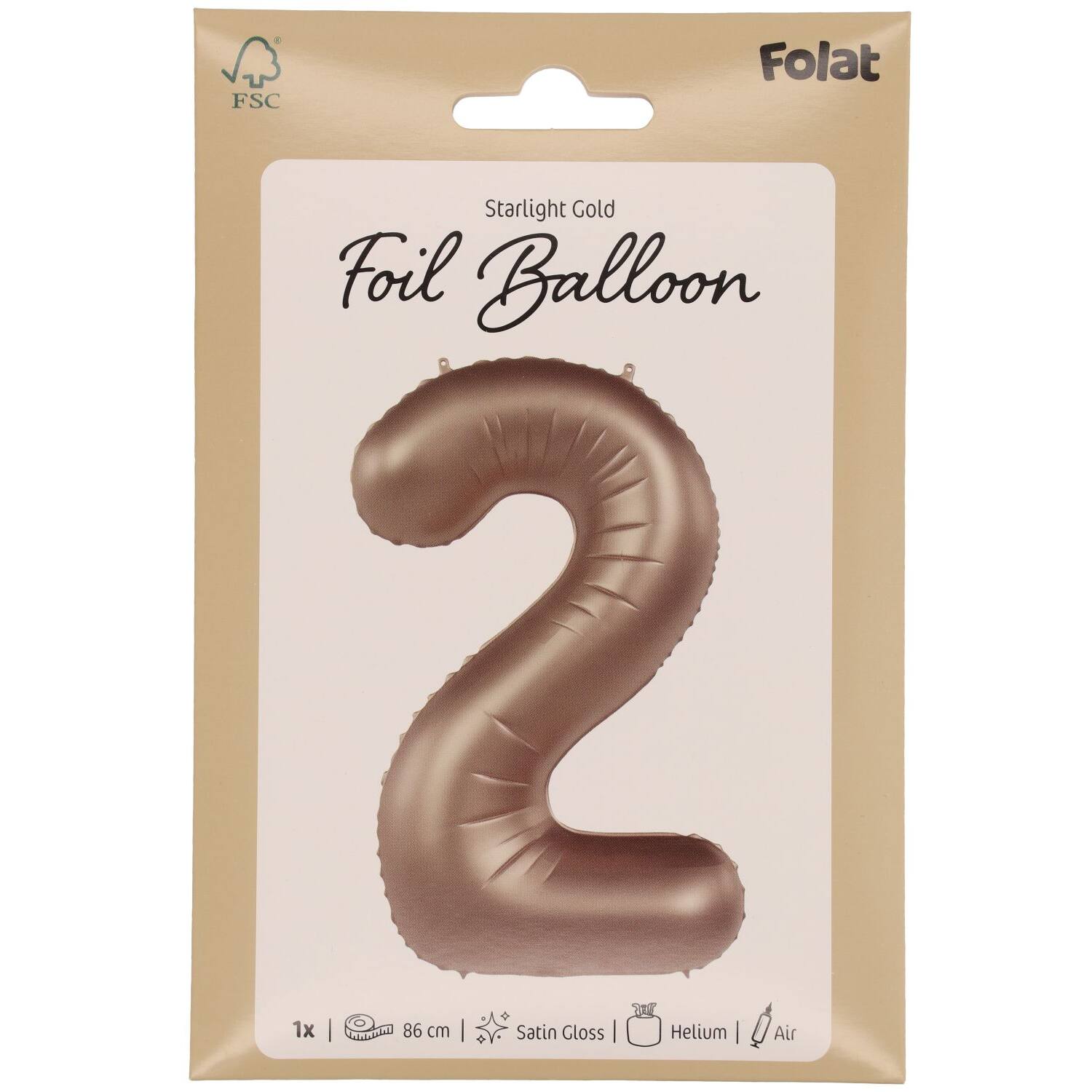 Foil balloon Number 2 - Starlight Gold - Satin Gloss - 86 cm