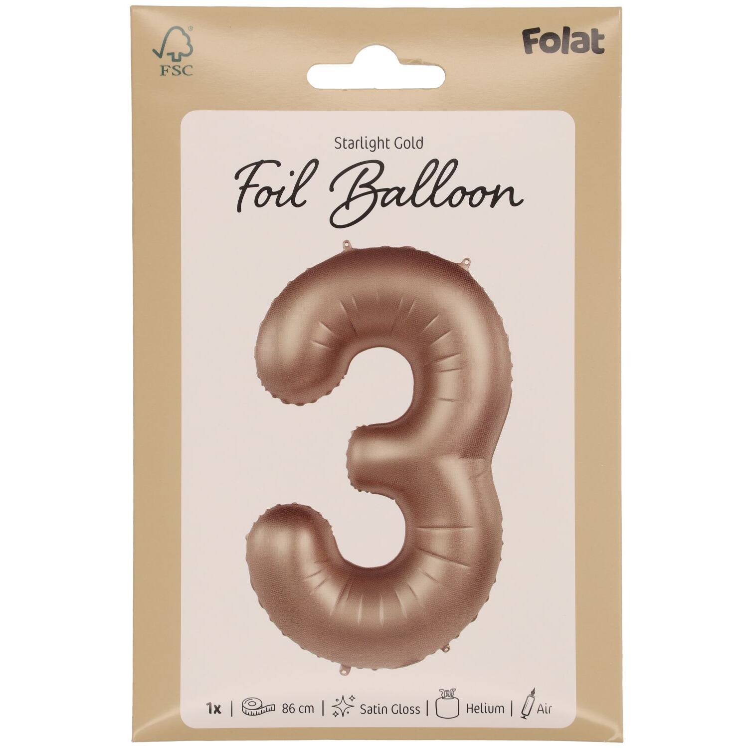 Foil balloon Number 3 - Starlight Gold - Satin Gloss - 86 cm