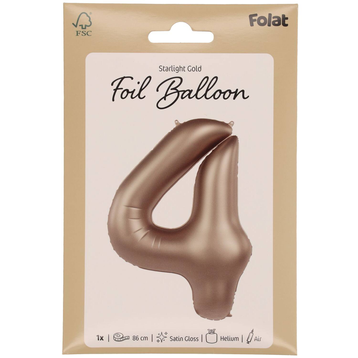 Foil balloon Number 4 - Starlight Gold - Satin Gloss - 86 cm