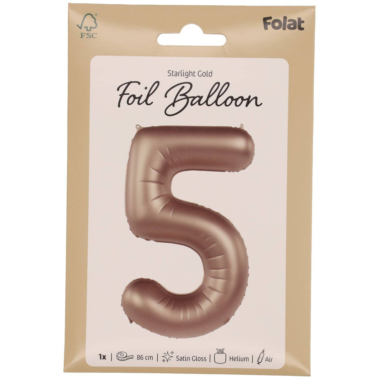 Foil balloon Number 5 - Starlight Gold - Satin Gloss - 86 cm