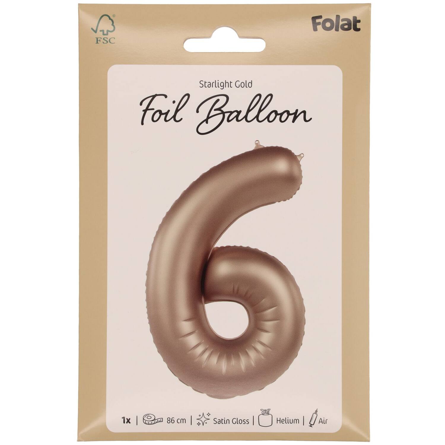 Foil balloon Number 6 - Starlight Gold - Satin Gloss - 86 cm