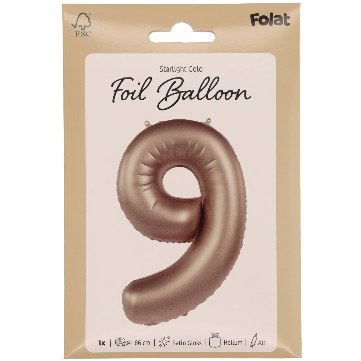 Foil balloon Number 9 - Starlight Gold - Satin Gloss - 86 cm