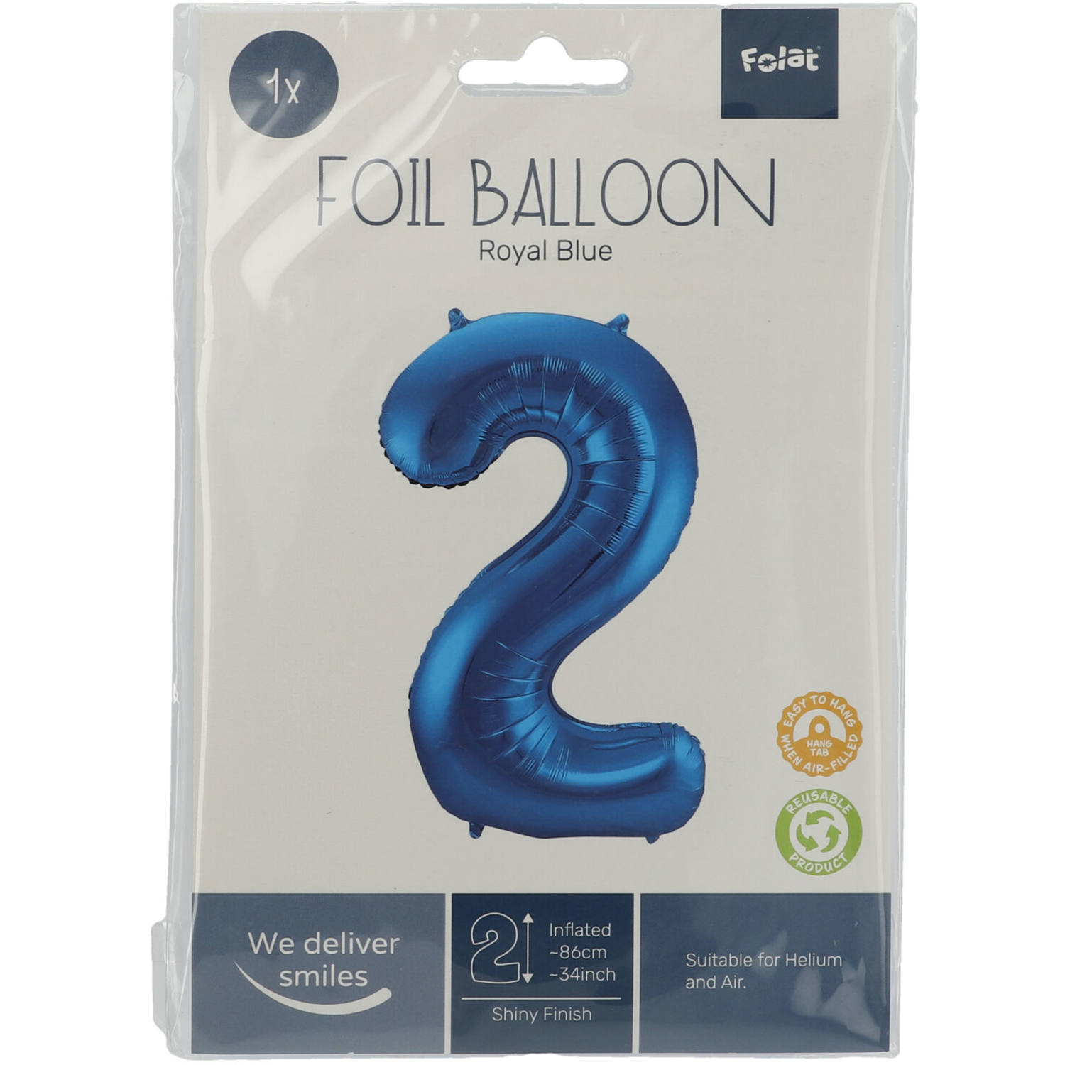 Foil Balloon Number 2 - Blue - 86 cm