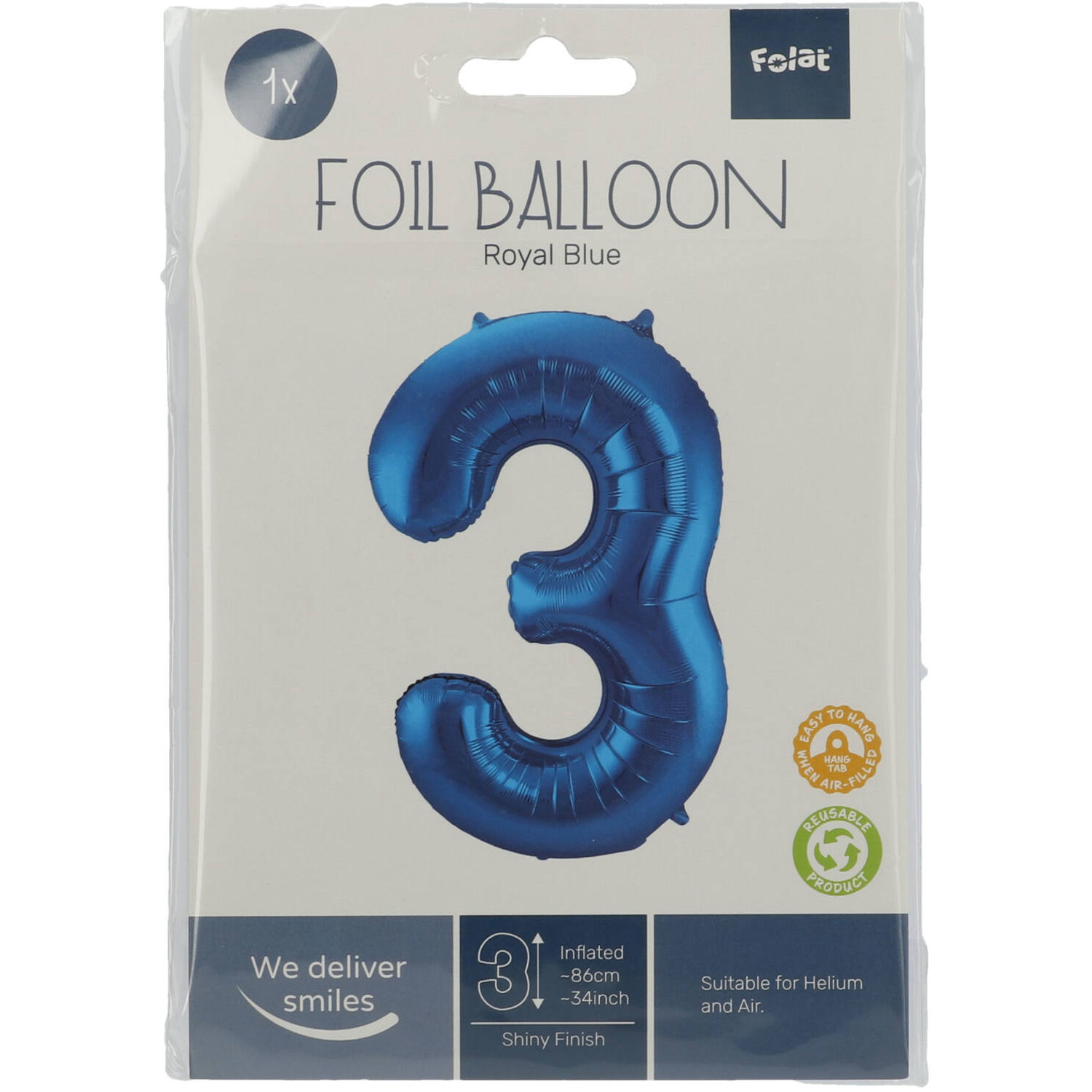 Foil Balloon Number 3 - Blue - 86 cm