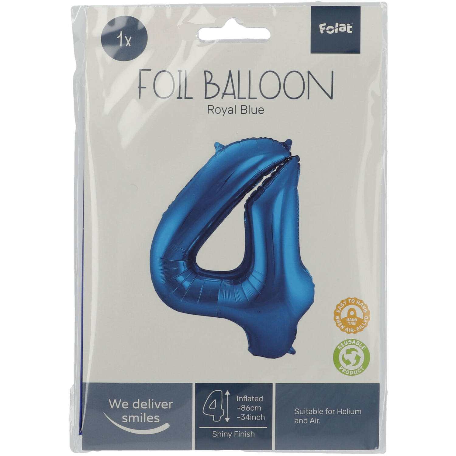 Foil Balloon Number 4 - Blue - 86 cm