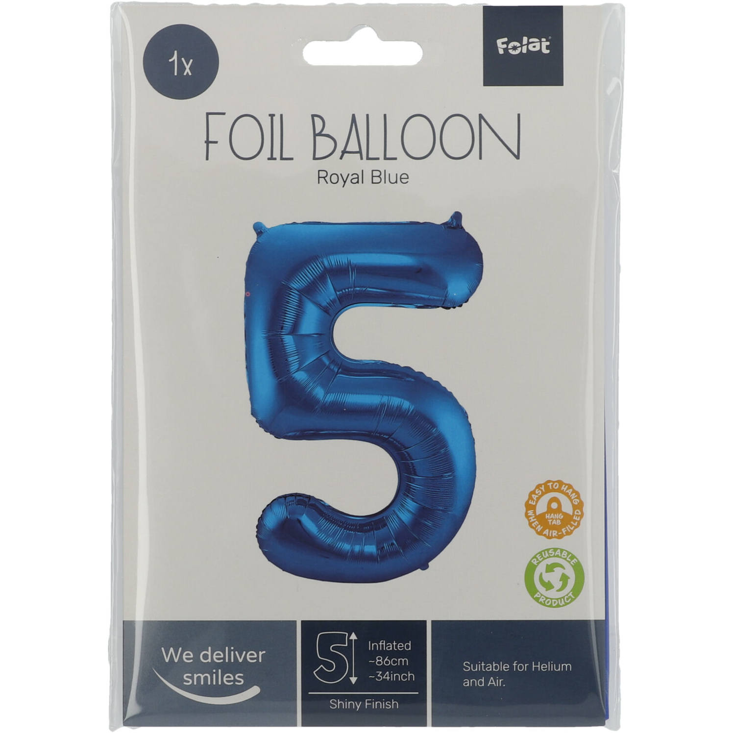 Foil Balloon Number 5 - Blue - 86 cm