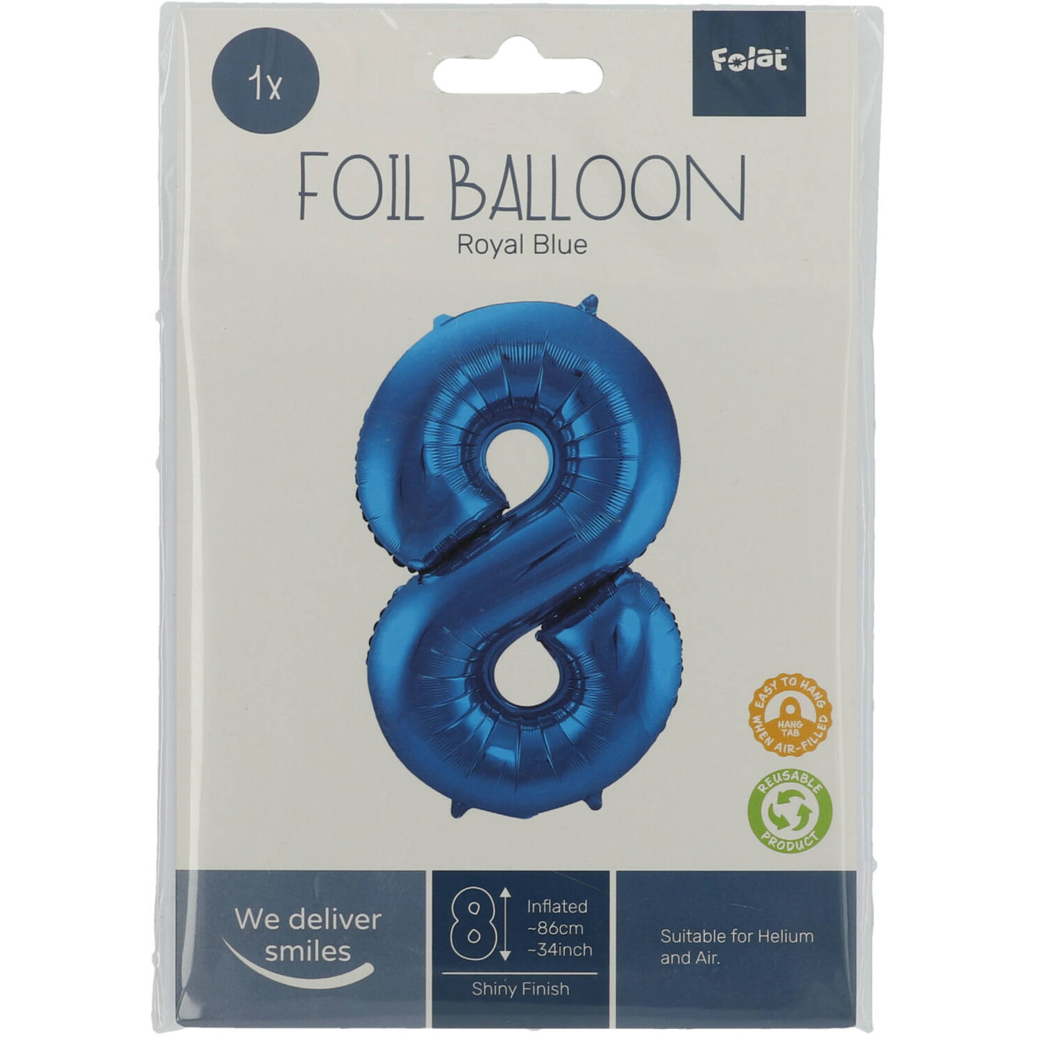 Foil Balloon Number 8 - Blue - 86 cm