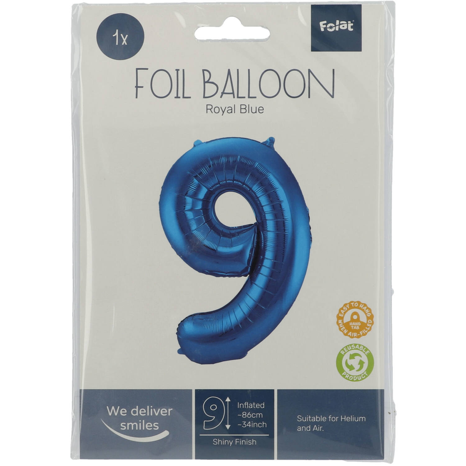 Foil Balloon Number 9 - Blue - 86 cm