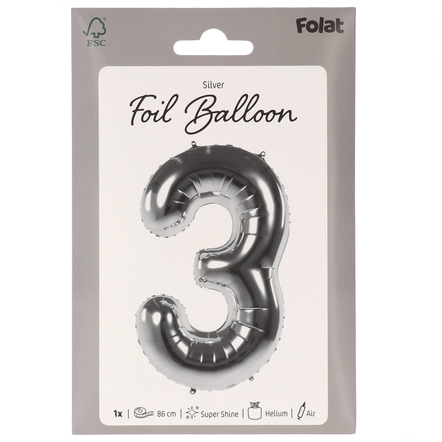 Foil Balloon Number 3 - Silver - 86 cm