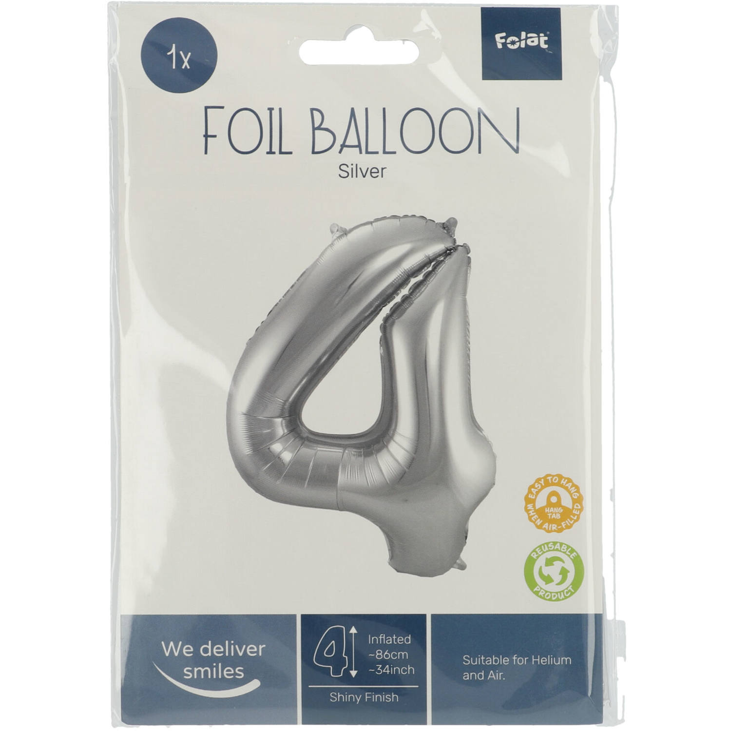 Foil Balloon Number 4 - Silver - 86 cm