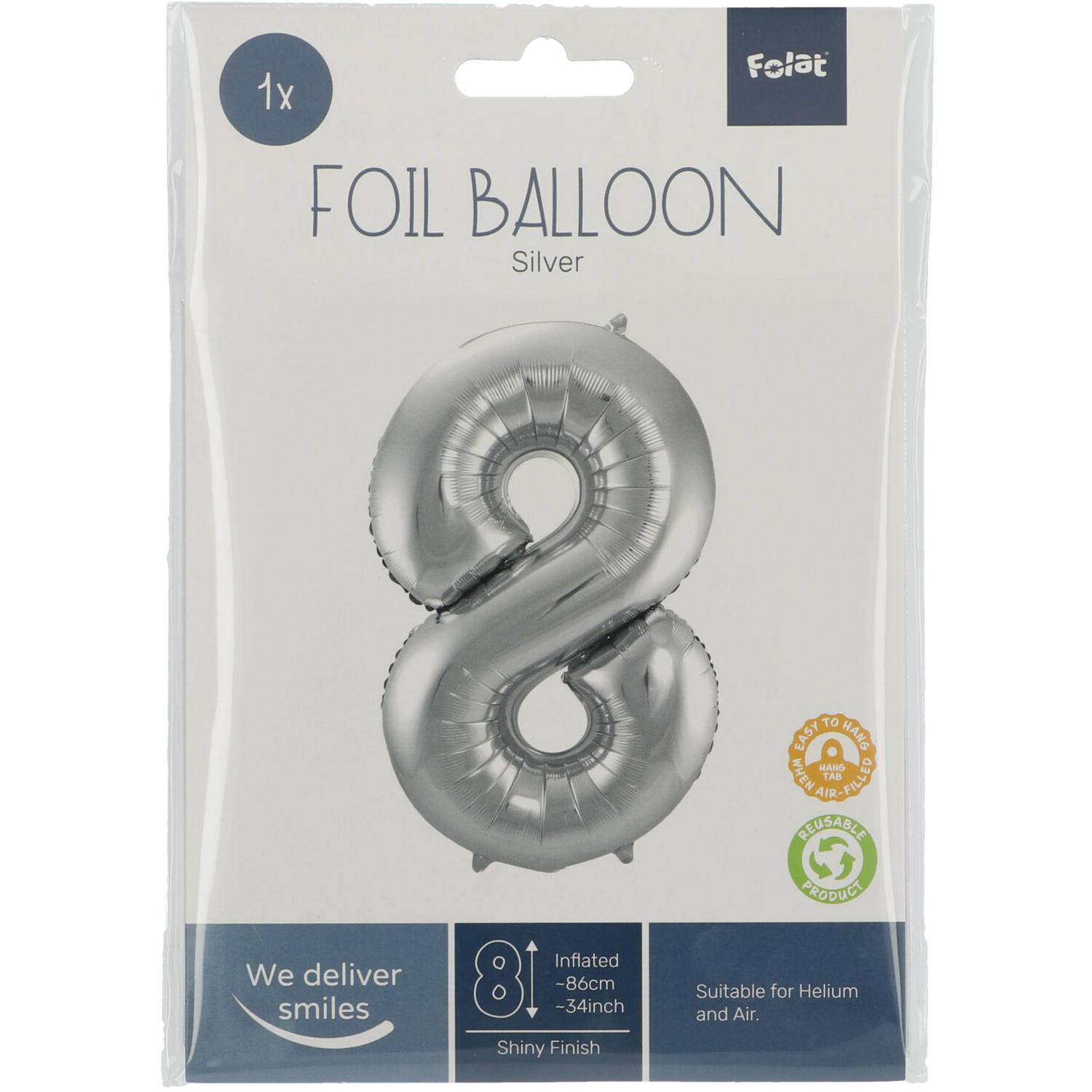 Foil Balloon Number 8 - Silver - 86 cm