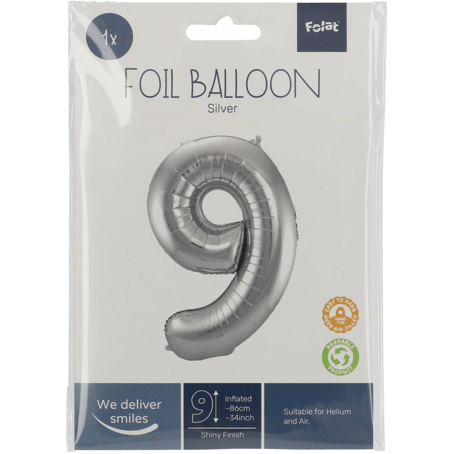 Foil Balloon Number 9 - Silver - 86 cm