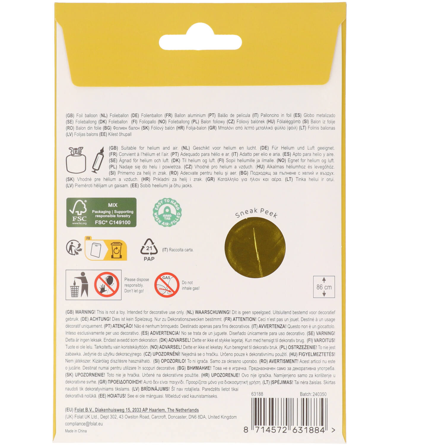 Foil Balloon Number 8 - Gold - 86 cm