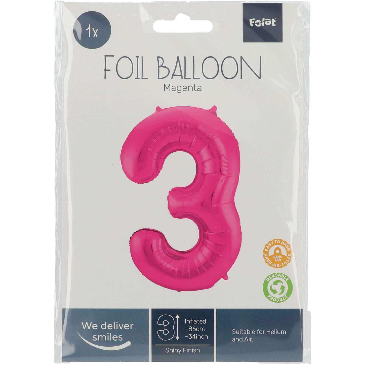 Foil Balloon Number 3 - Magenta - 86 cm
