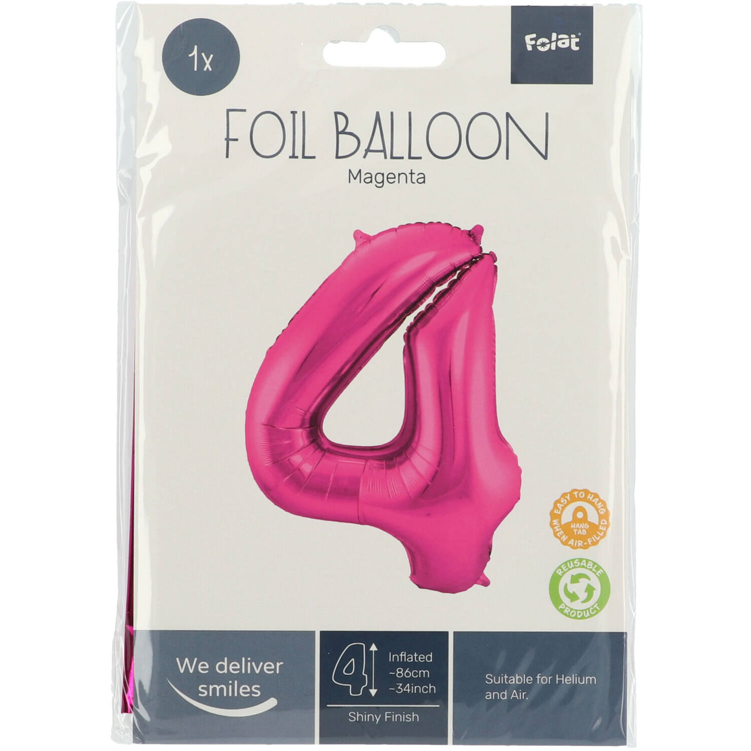 Foil Balloon Number 4 - Magenta - 86 cm