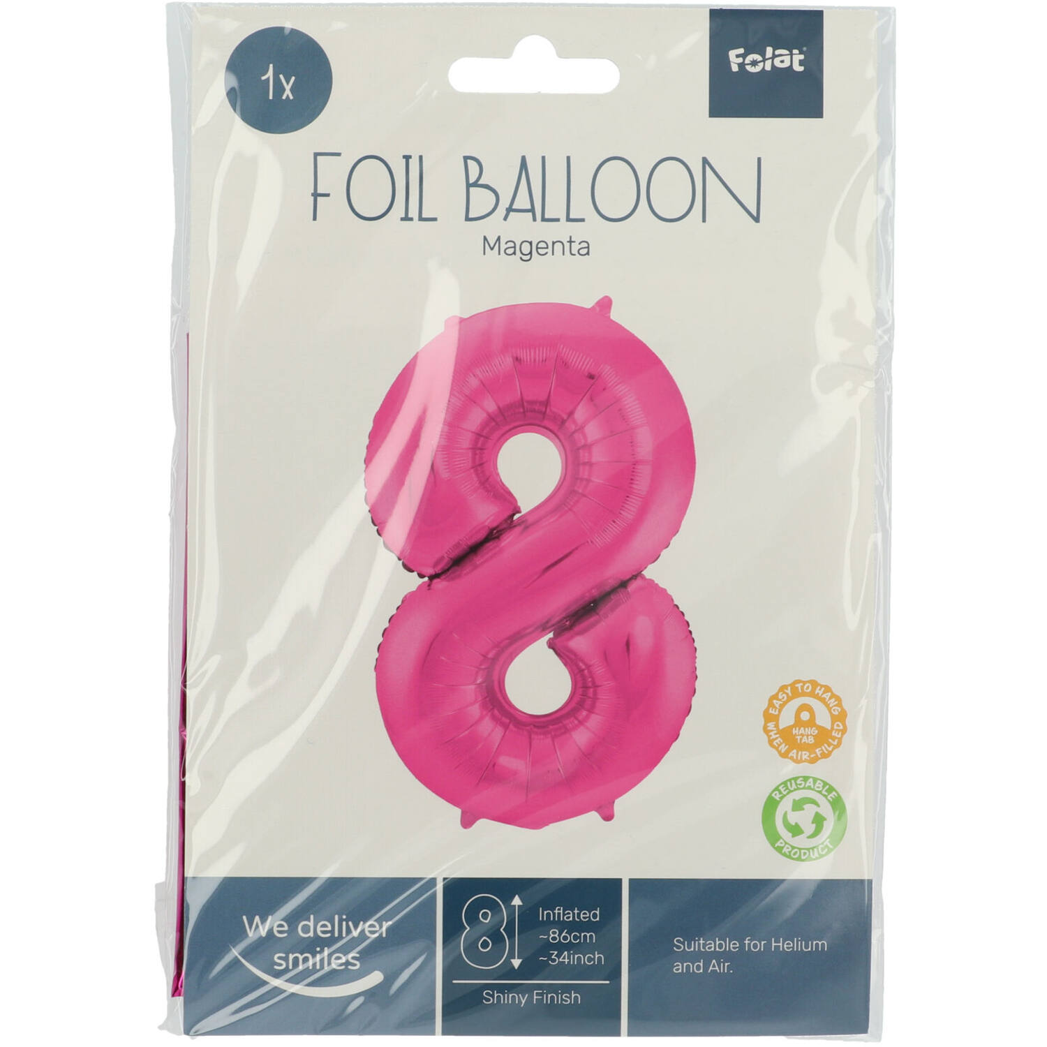 Foil Balloon Number 8 - Magenta - 86 cm