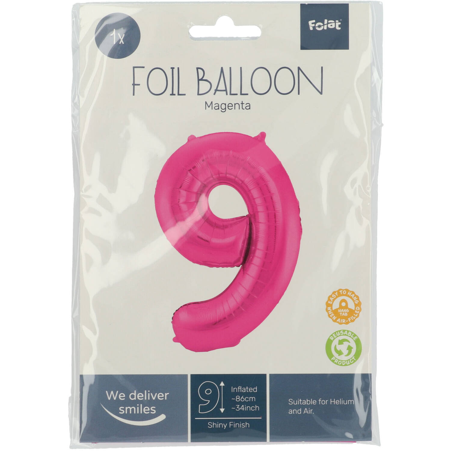 Foil Balloon Number 9 - Magenta - 86 cm
