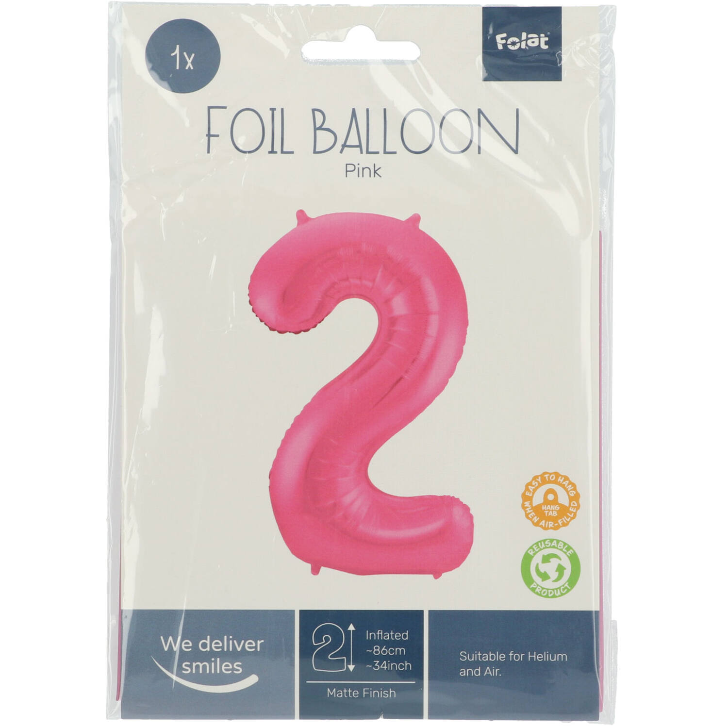 Foil Balloon Number 2 - Pink Metallic Mat - 86 cm