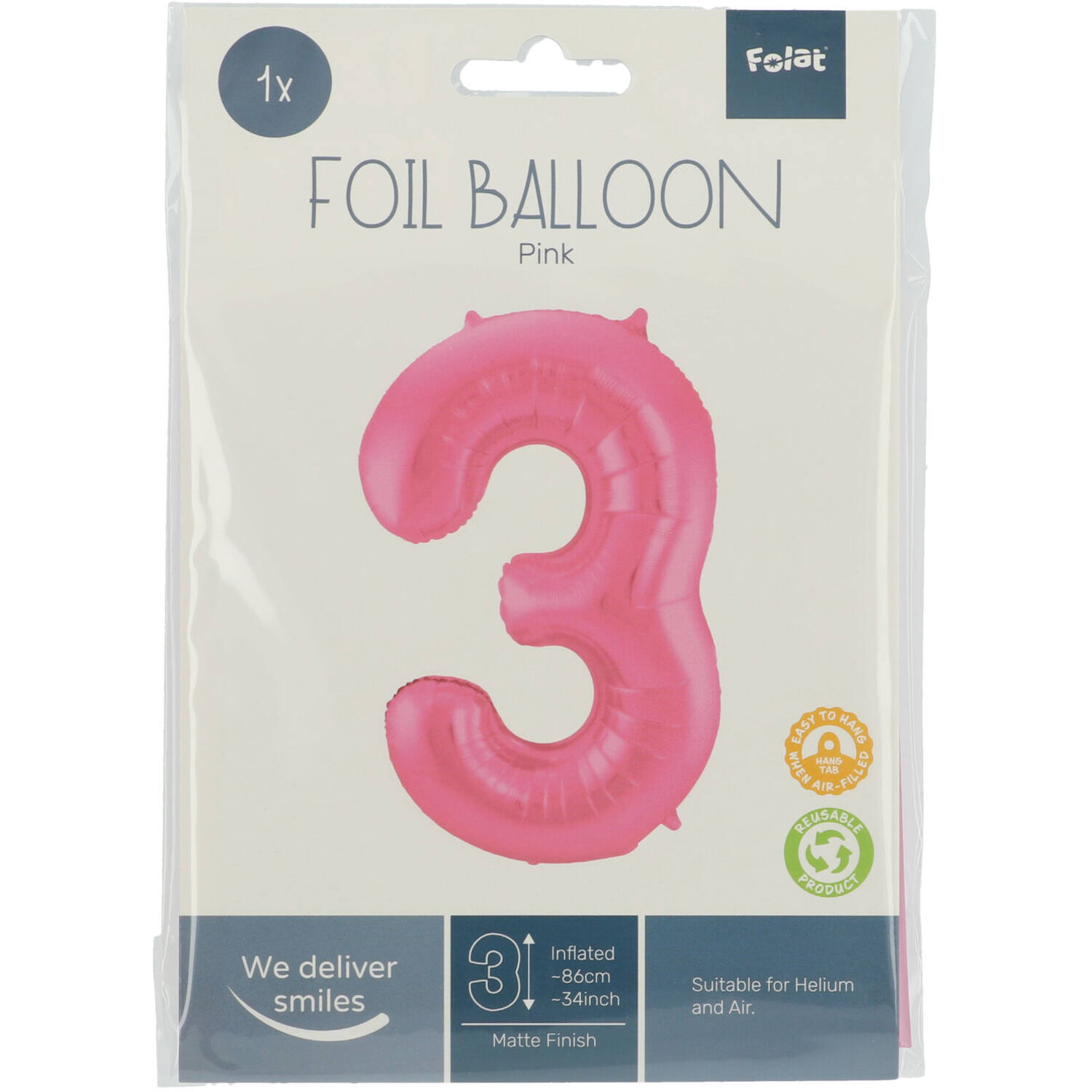 Foil Balloon Number 3 - Pink Metallic Mat - 86 cm