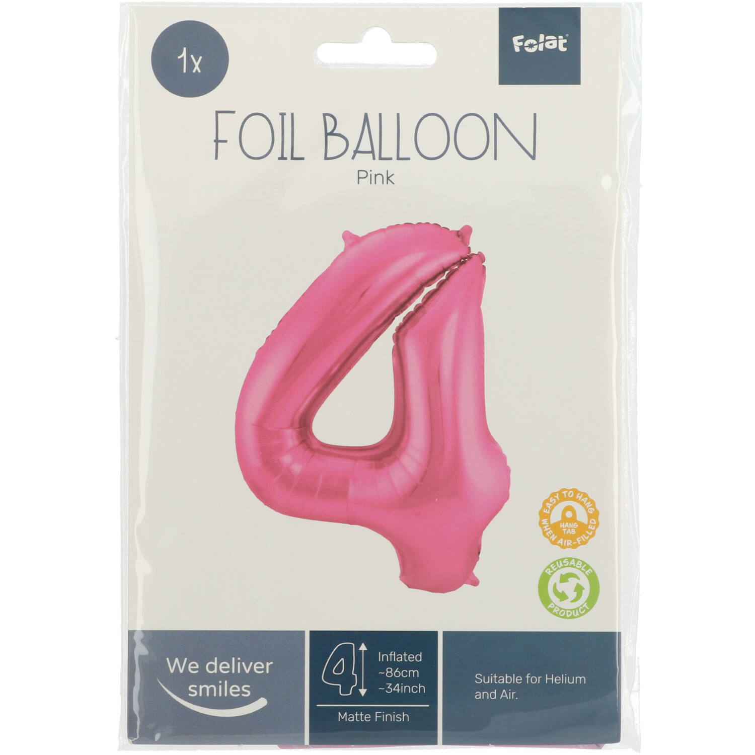 Foil Balloon Number 4 - Pink Metallic Mat - 86 cm