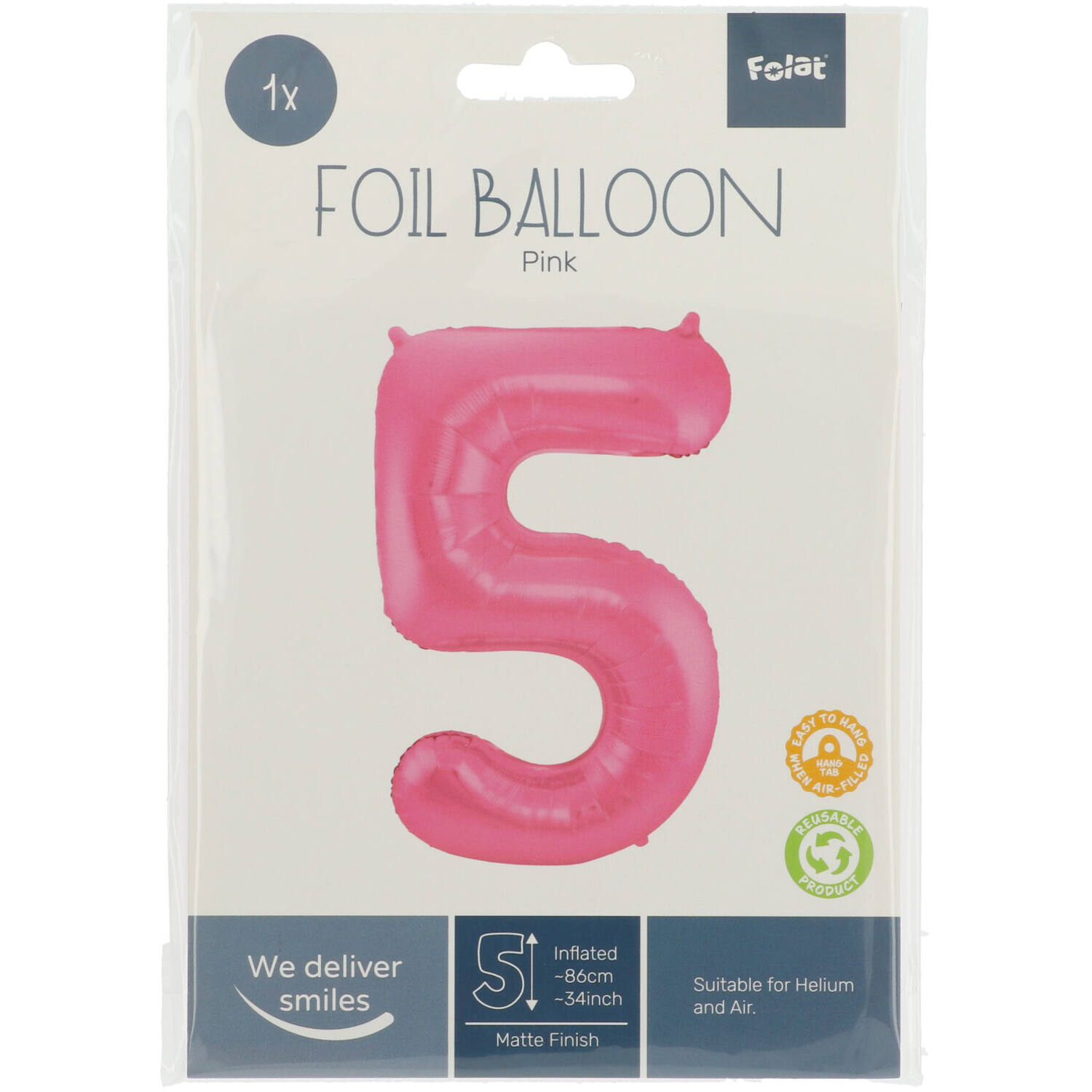 Foil Balloon Number 5 - Pink Metallic Mat - 86 cm