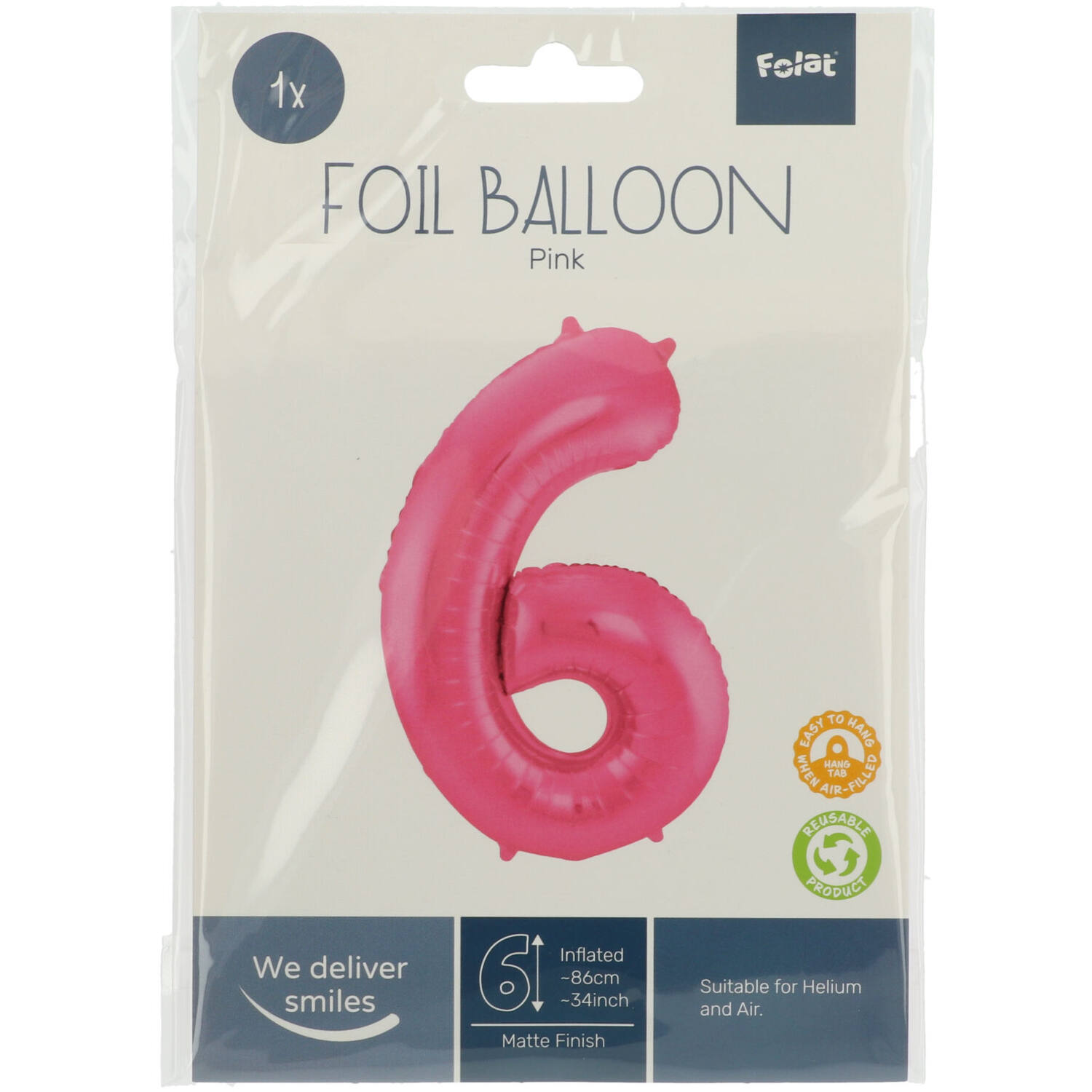 Foil Balloon Number 6 - Pink Metallic Mat - 86 cm
