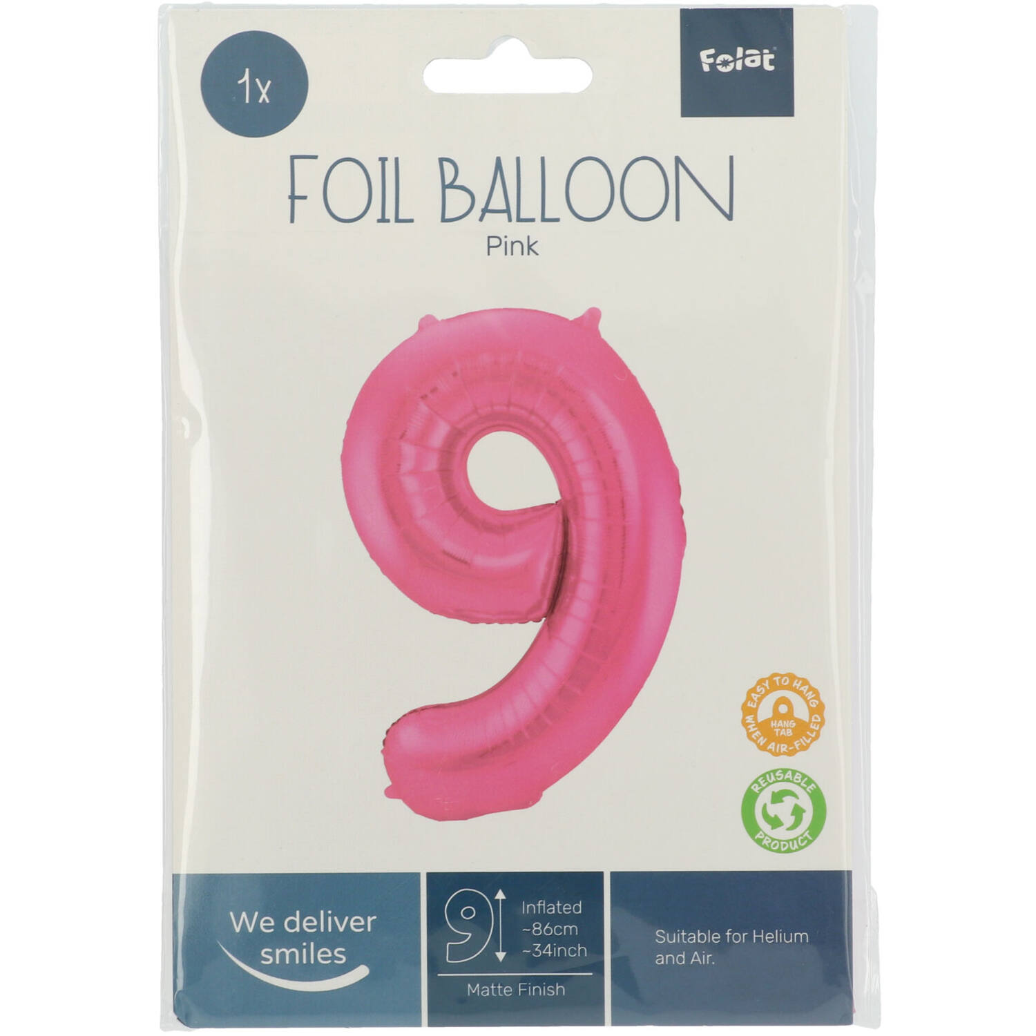 Foil Balloon Number 9 - Pink Metallic Mat - 86 cm