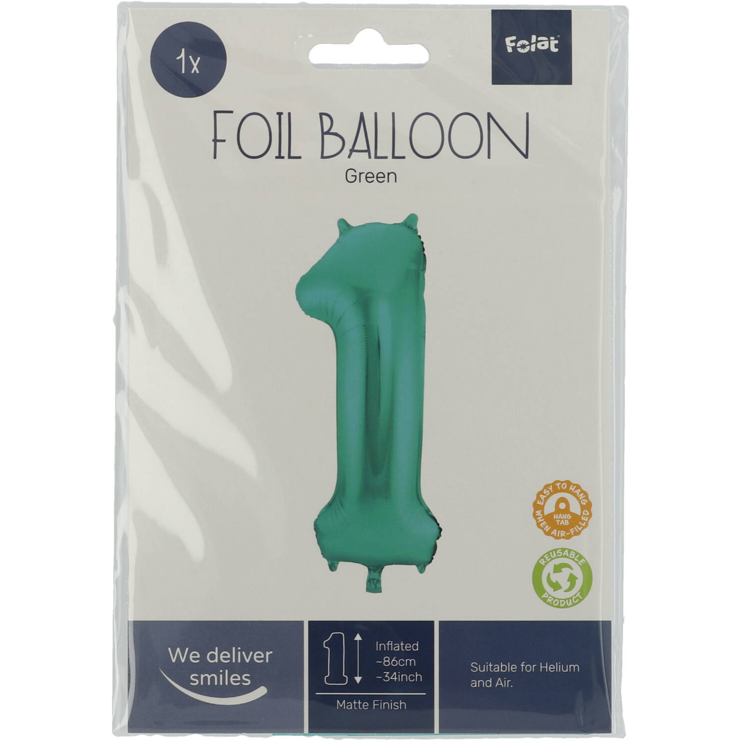 Foil Balloon Number 1 - Green Metallic Mat - 86 cm