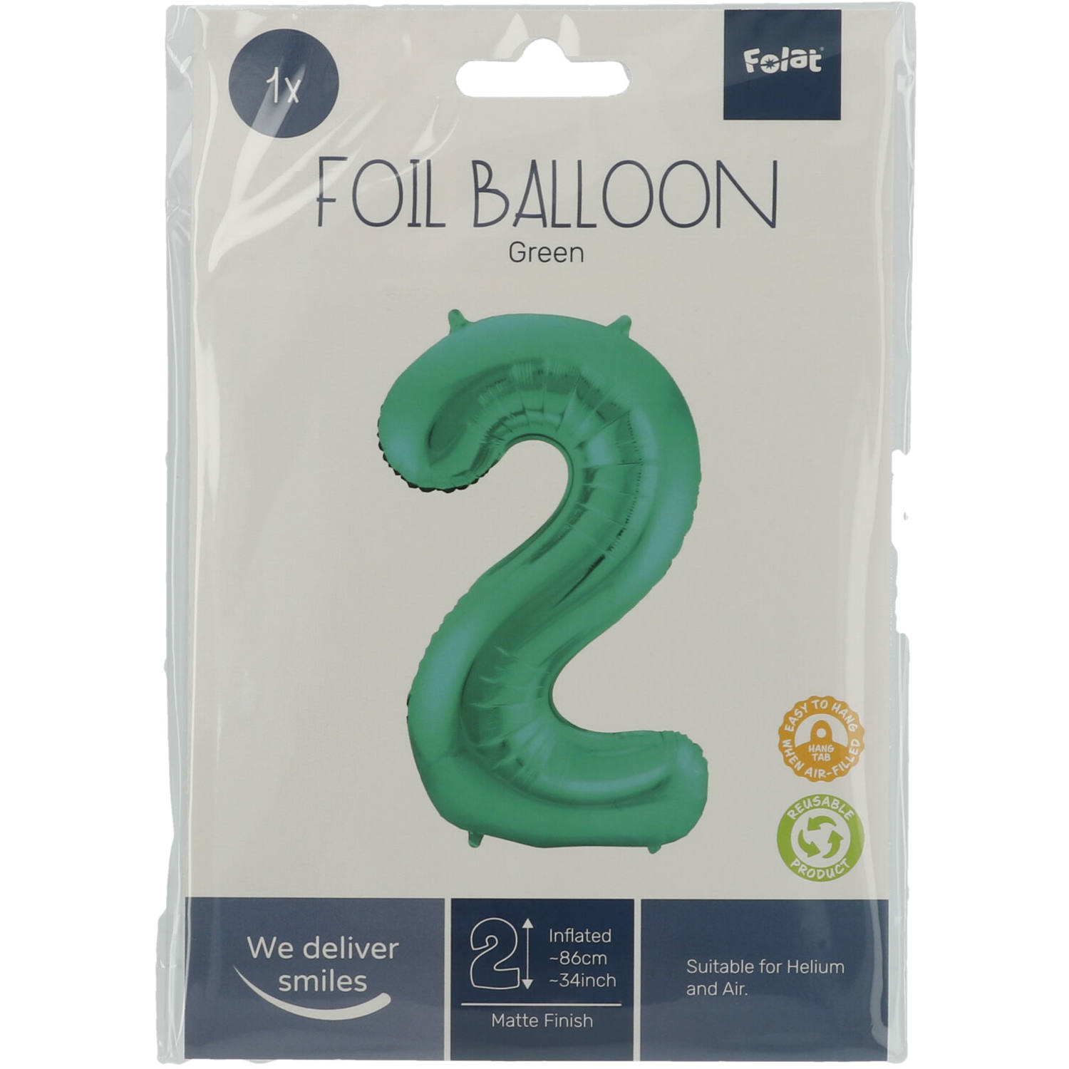 Foil Balloon Number 2 - Green Metallic Mat - 86 cm 