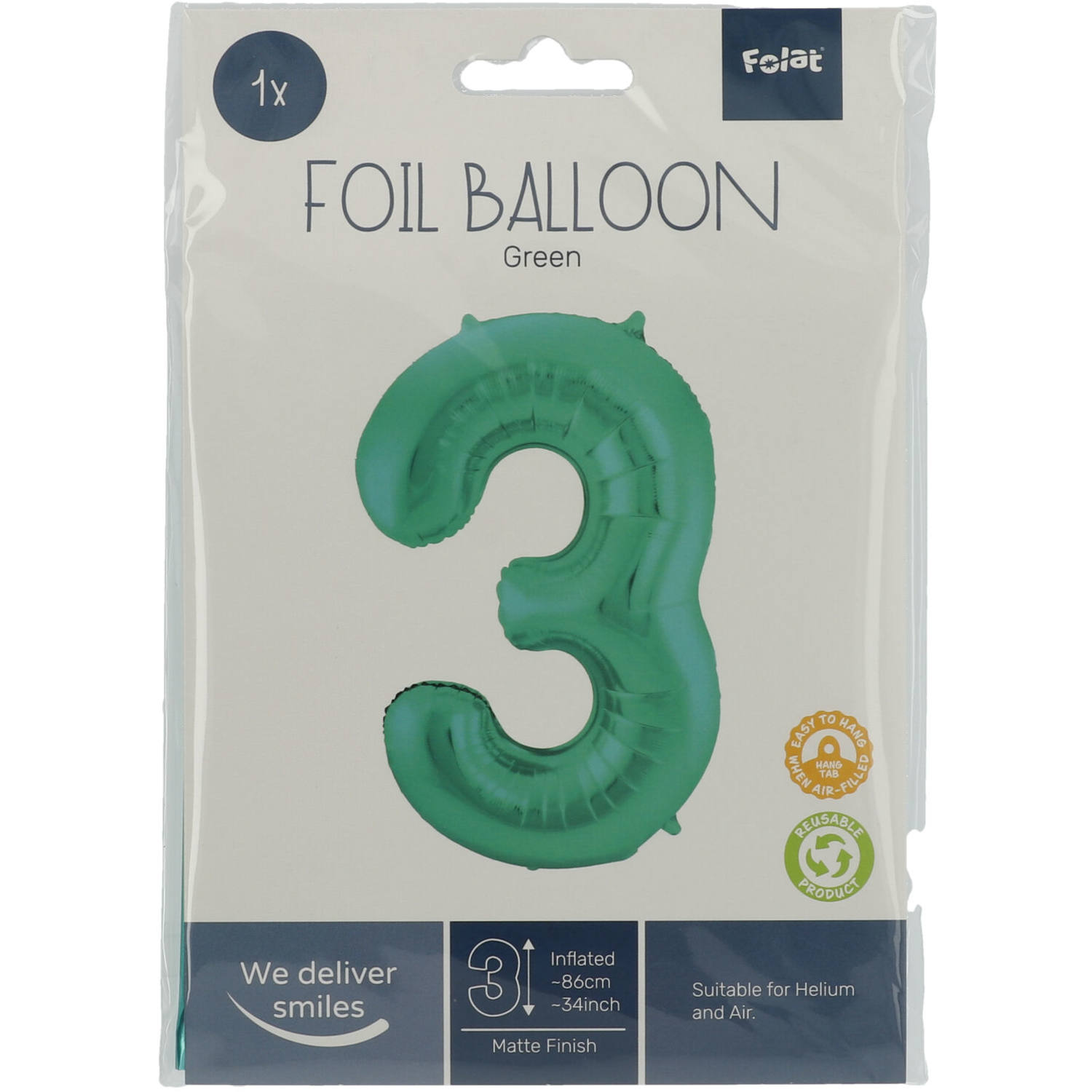 Foil Balloon Number 3 - Green Metallic Mat - 86 cm