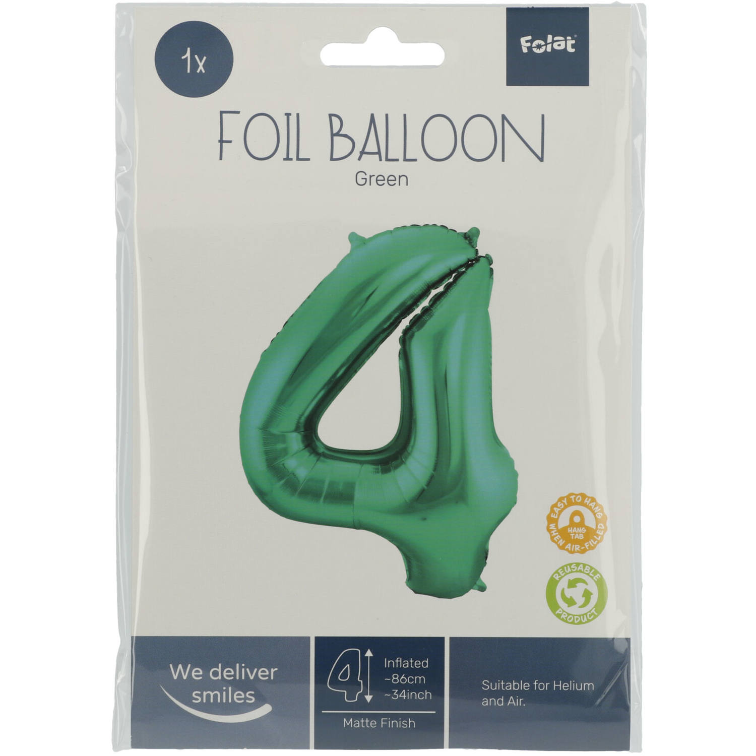 Foil Balloon Number 4 - Green Metallic Mat - 86 cm