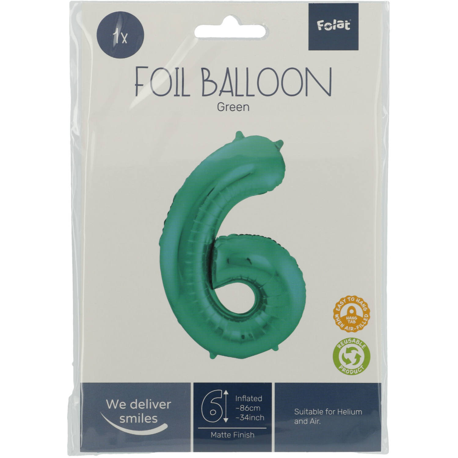 Foil Balloon Number 6 - Green Metallic Mat - 86 cm