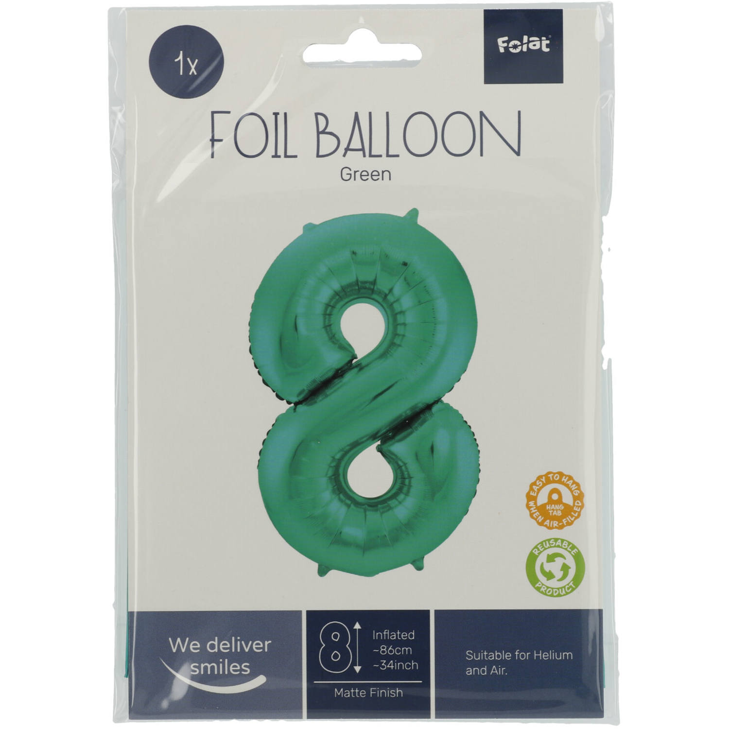 Foil Balloon Number 8 - Green Metallic Mat - 86 cm