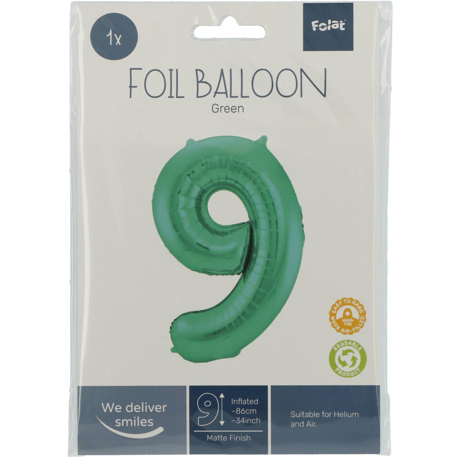 Foil Balloon Number 9 - Green Metallic Mat - 86 cm