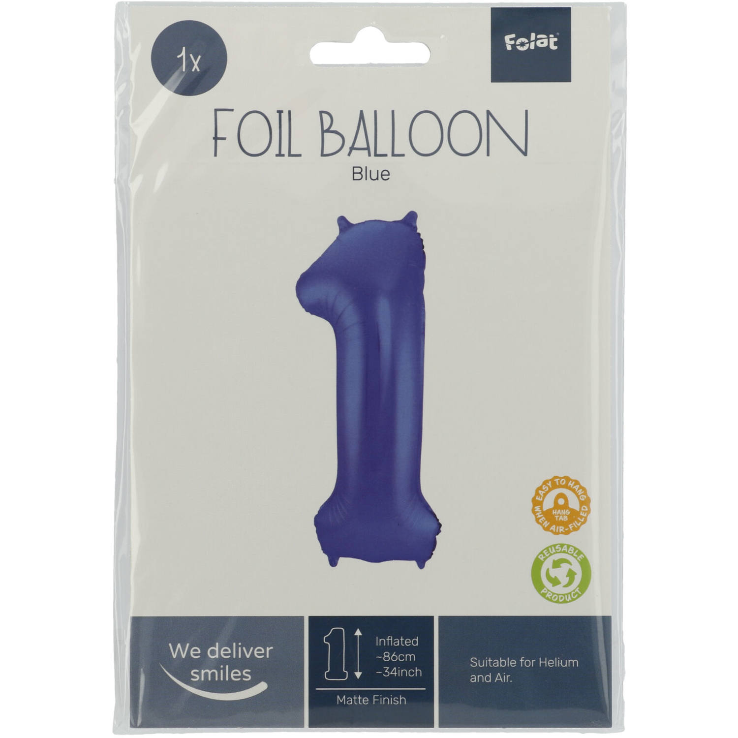 Foil Balloon Number 1 - Blue Metallic Mat - 86 cm 